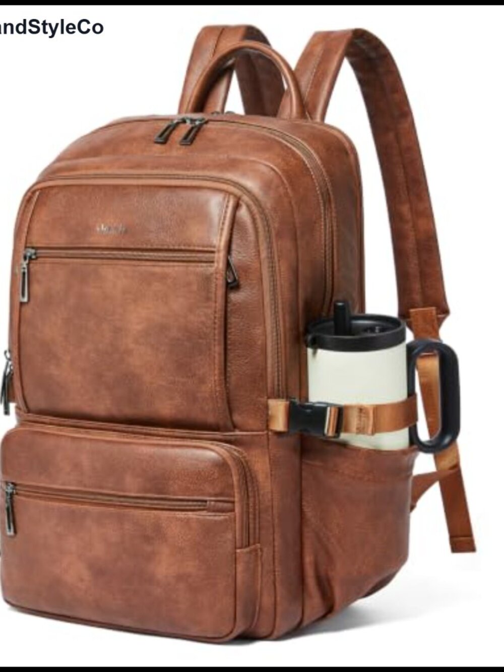 17 Inch Faux Leather Laptop Backpack with 40oz Tumbler Holder